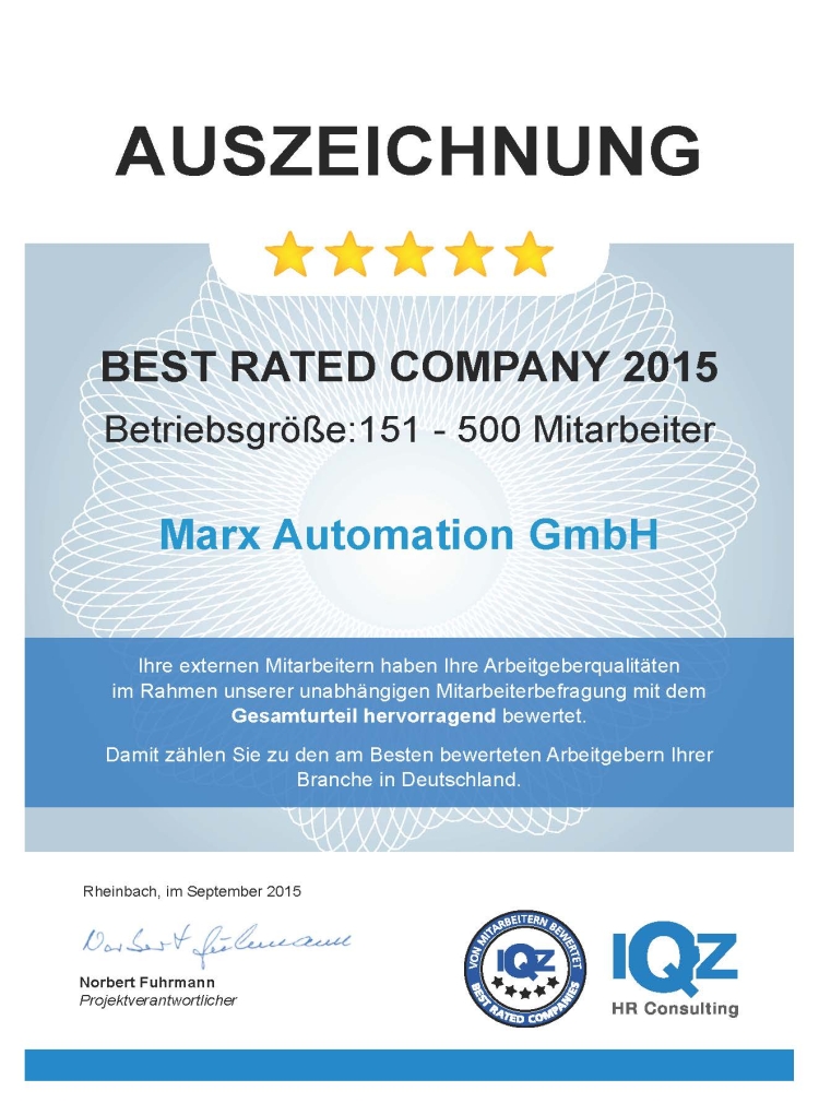 Auszeichnung Best Rated Company 2015 von IQZ an Marx Automation GmbH