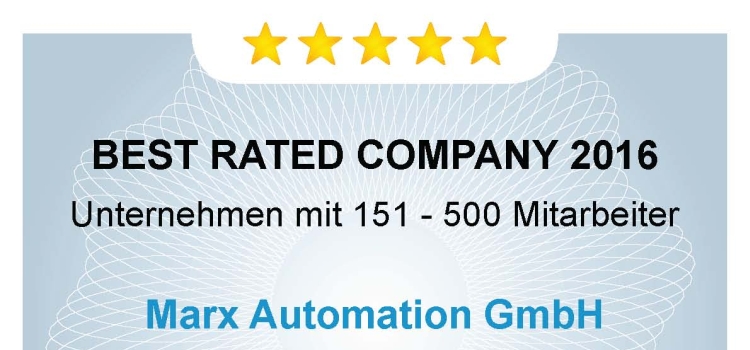 Auszeichnung Best Rated Company 2016 von IQZ an Marx Automation GmbH